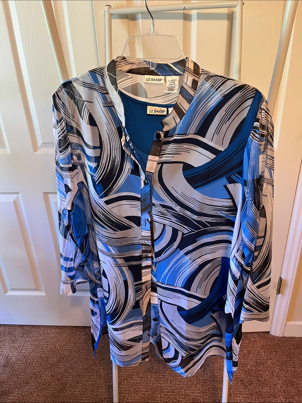Liz Baker Abstract Swirl Button-Front Blouse in Blue and Black